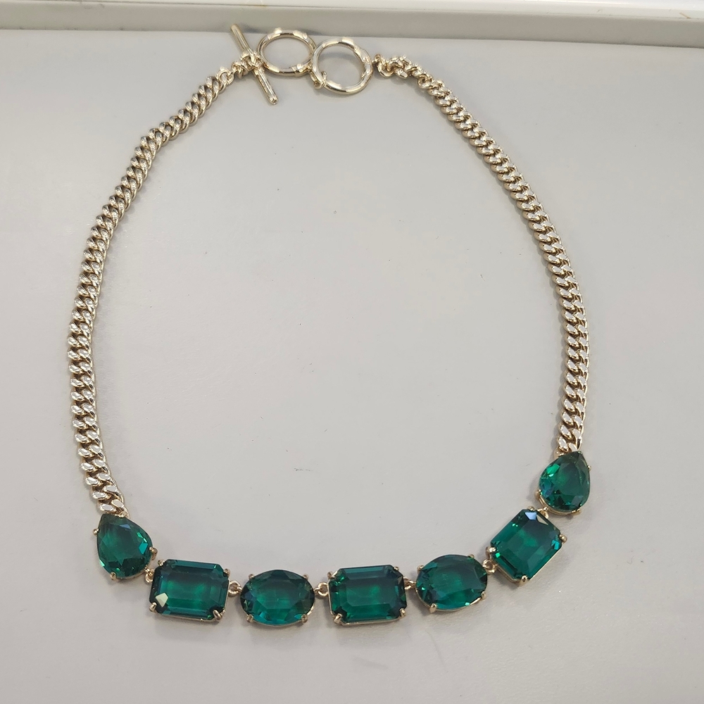 New W/Out Tags Ralph Lauren Gold-Tone Green Crystal  16" Statement Necklace